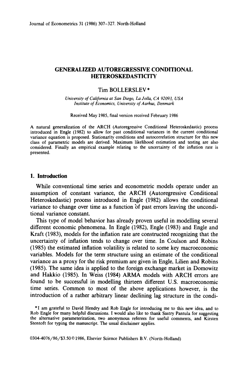 Generalized Autoregressive Conditional Heteroskedasticity