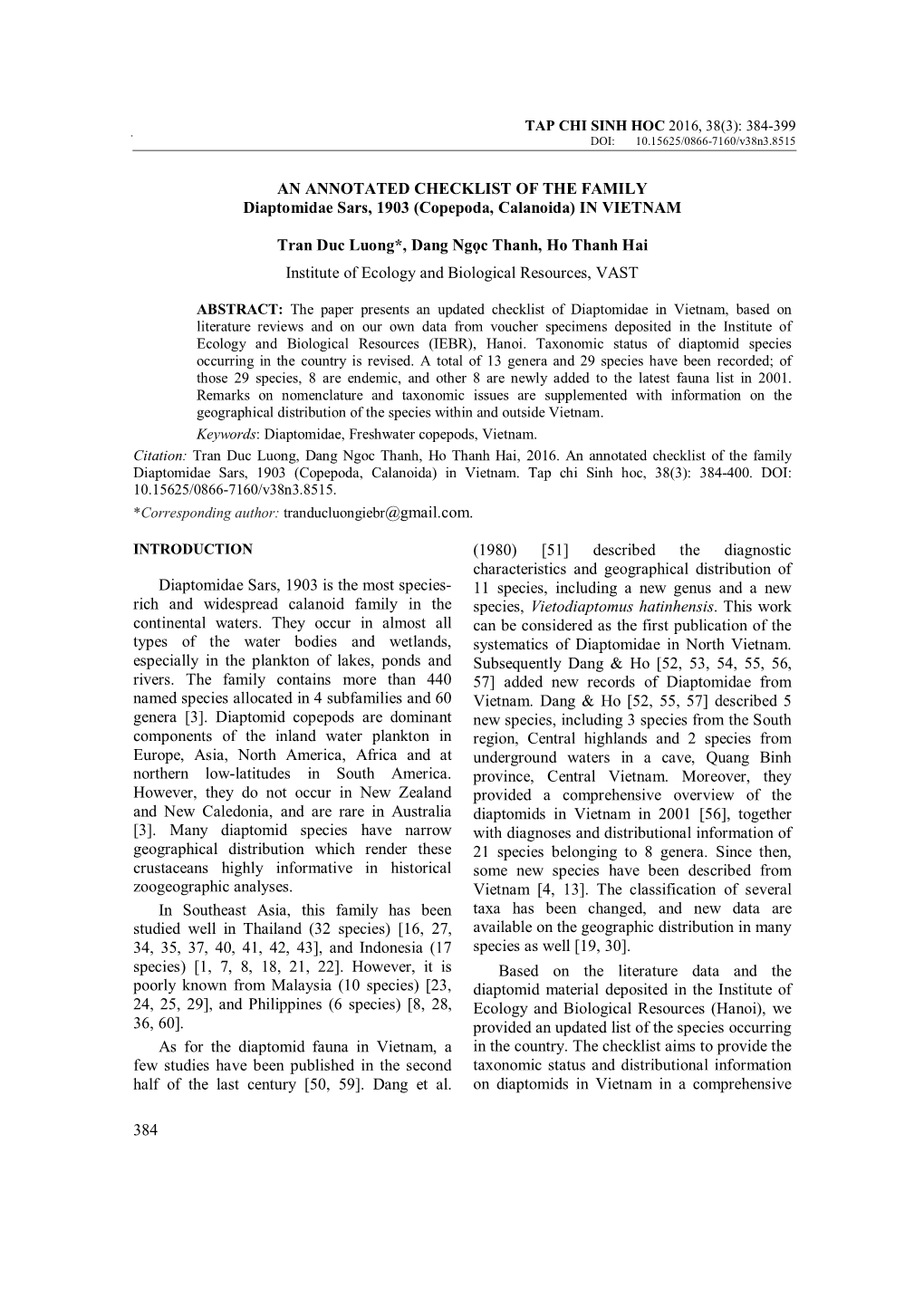 384 an ANNOTATED CHECKLIST of the FAMILY Diaptomidae Sars, 1903 (Copepoda, Calanoida) in VIETNAM Tran Duc Luong*, Dang Ngọc T