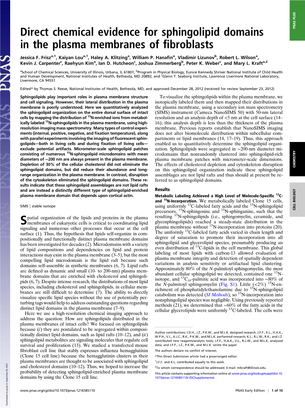 Direct Chemical Evidence for Sphingolipid Domains in the Plasma