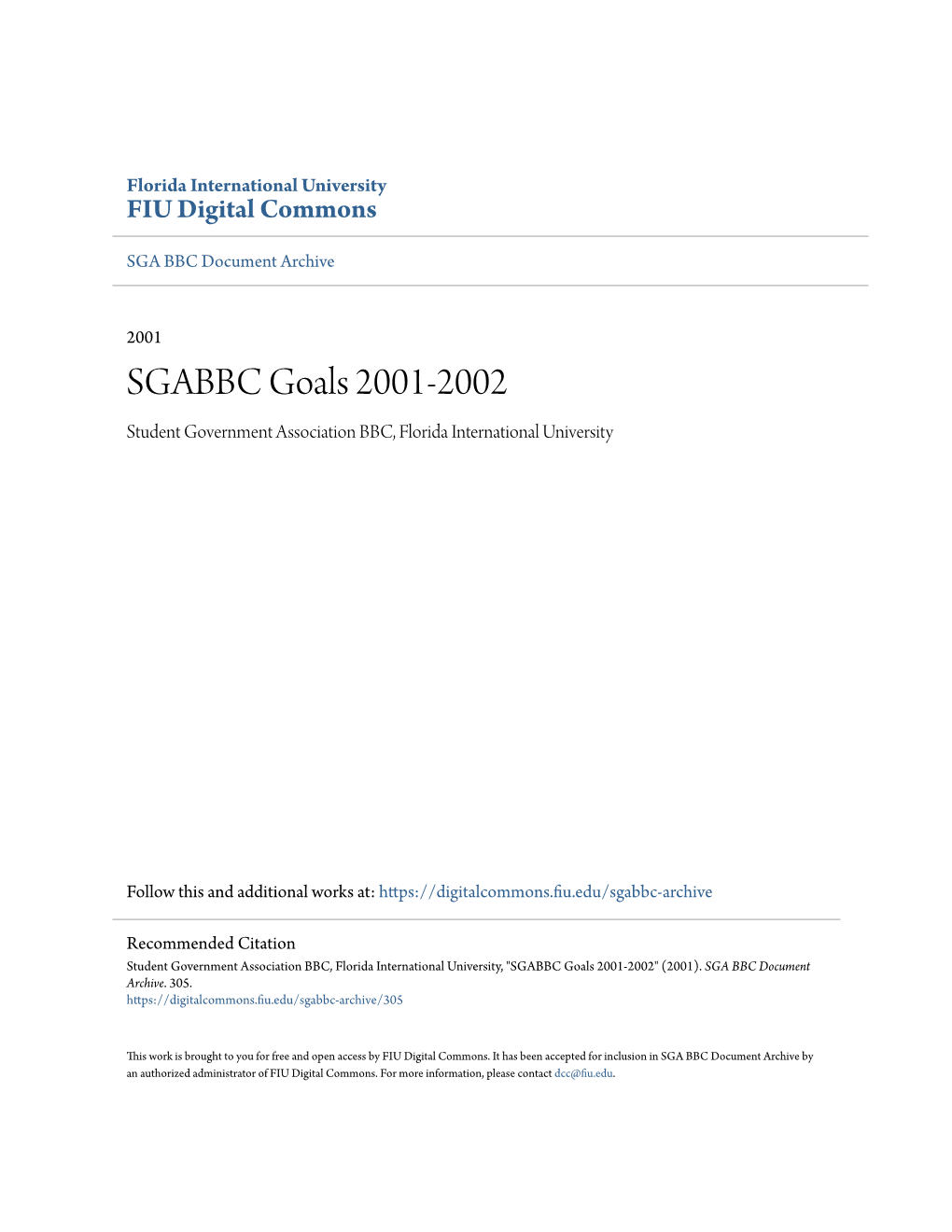 SGABBC Goals 2001-2002 Student Government Association BBC, Florida International University