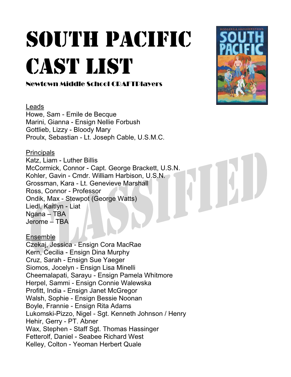 South Pacific Cast List Newtown Middle School Craftplayers