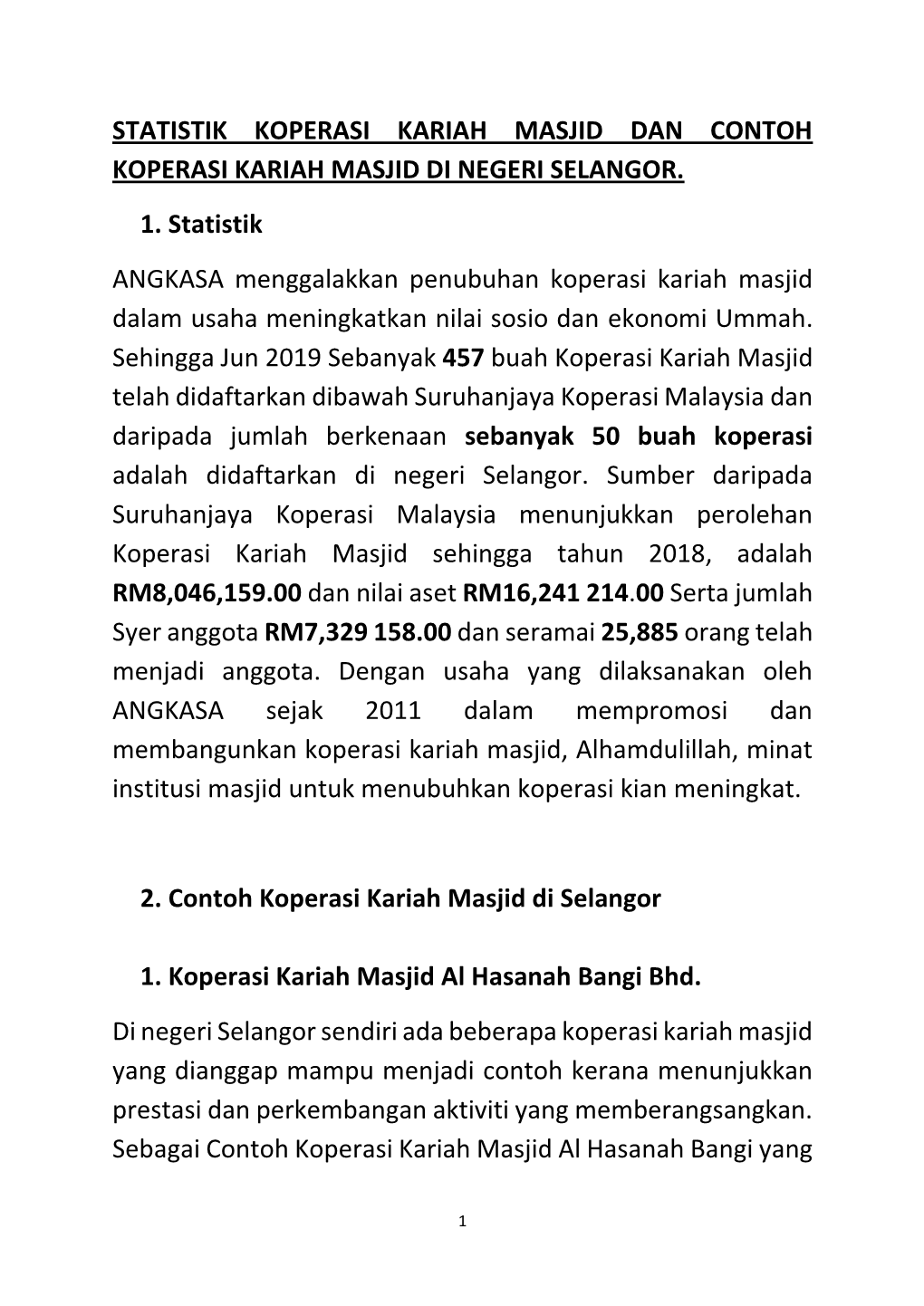 Statistik Koperasi Kariah Masjid Dan Contoh Koperasi Kariah Masjid Di Negeri Selangor