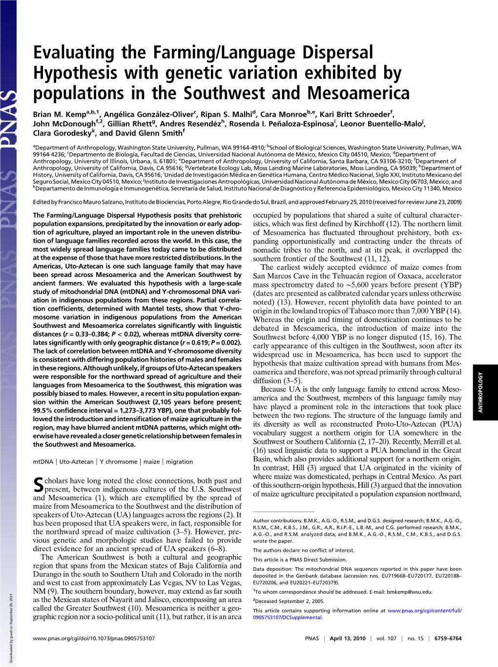 Evaluating the Farming/Language Dispersal Hypothesis with Genetic Variation Exhibited by Populations in the Southwest and Mesoamerica