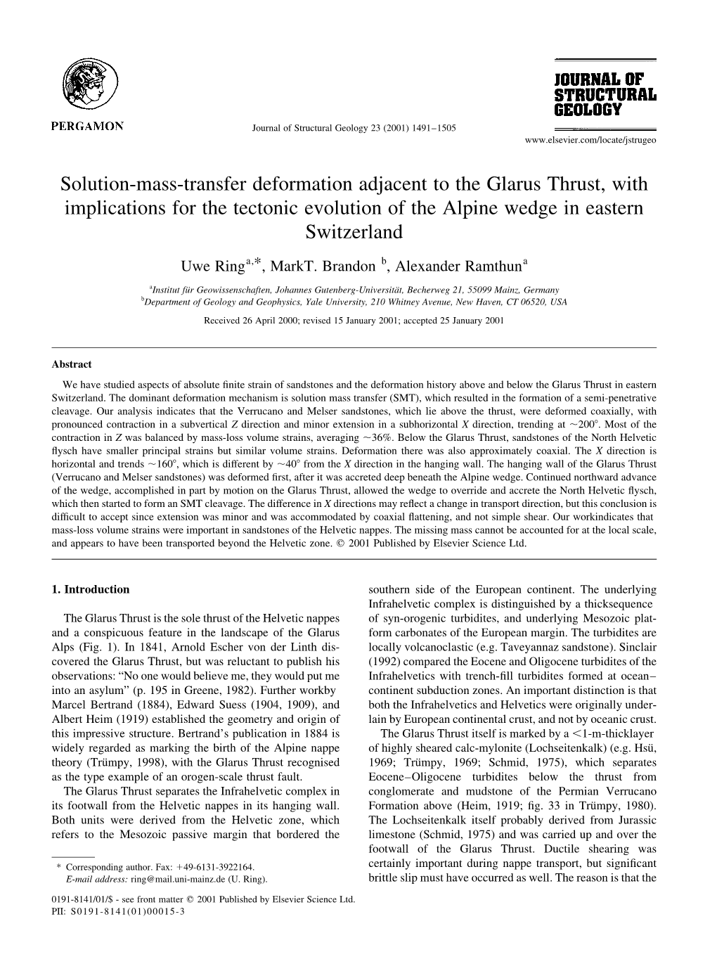 Solution-Mass-Transfer Deformation Adjacent to the Glarus Thrust, with Implications for the Tectonic Evolution of the Alpine Wedge in Eastern Switzerland