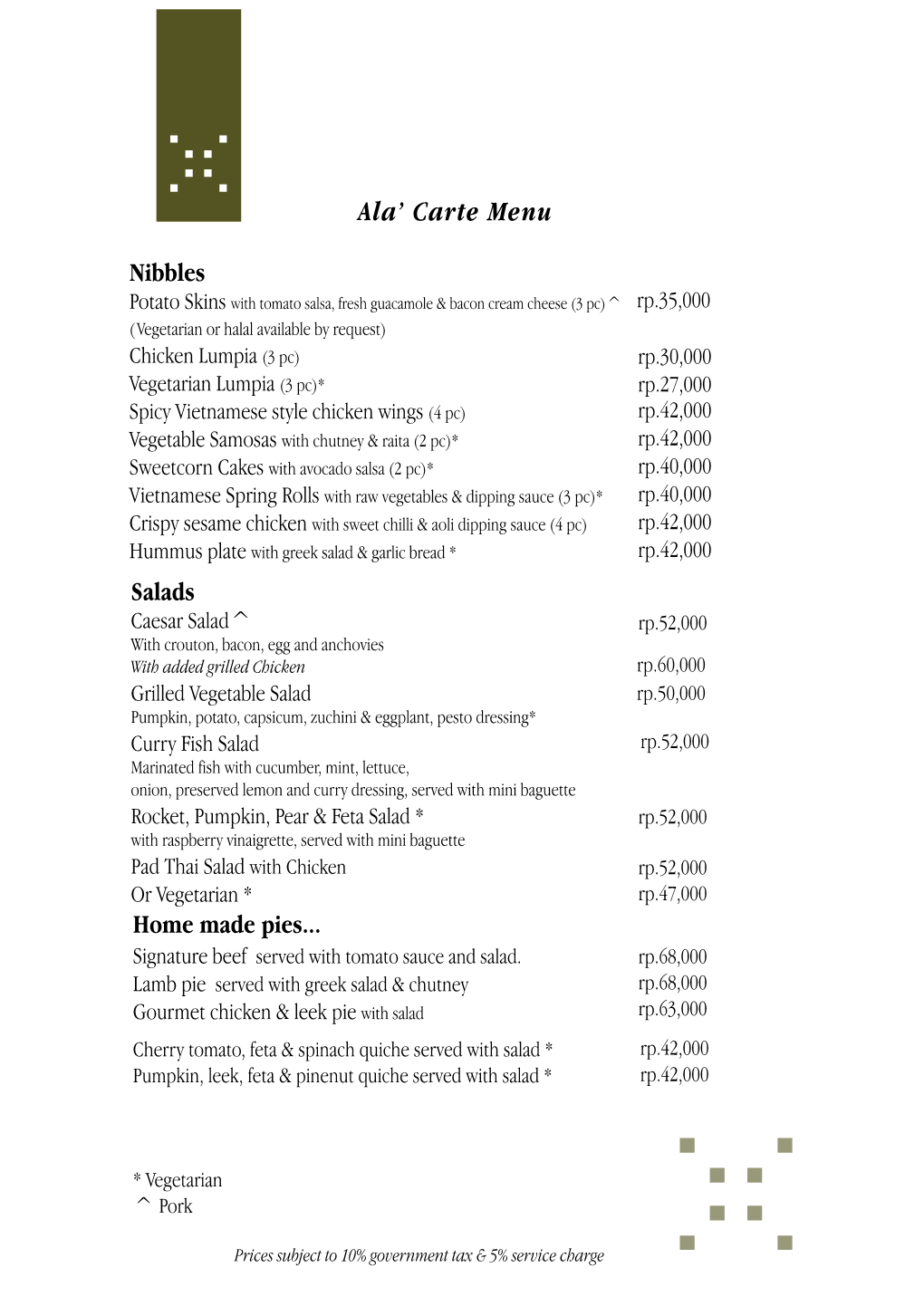 Ala' Carte Menu