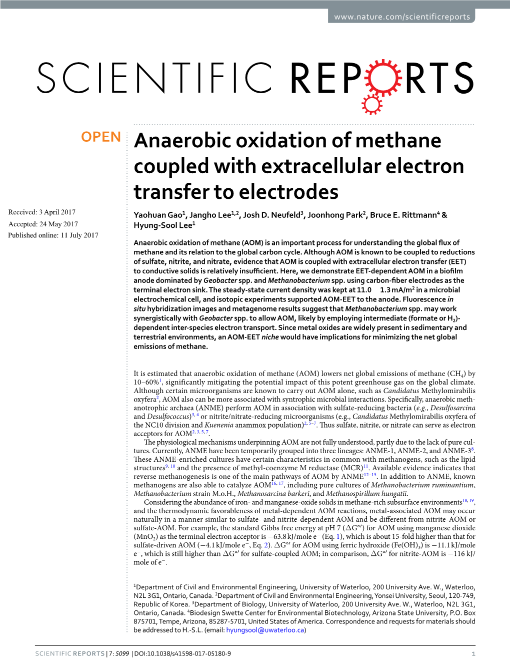 Anaerobic Oxidation of Methane Coupled with Extracellular Electron Transfer to Electrodes Received: 3 April 2017 Yaohuan Gao1, Jangho Lee1,2, Josh D