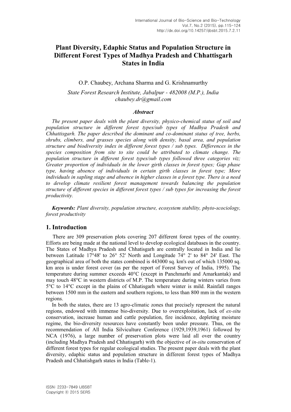 Plant Diversity, Edaphic Status and Population Structure in Different Forest Types of Madhya Pradesh and Chhattisgarh States in India