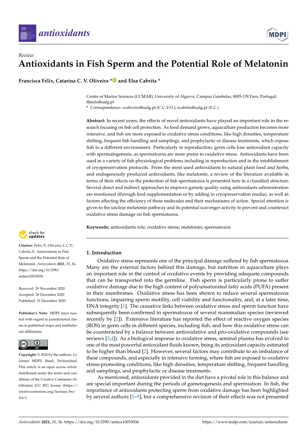 Antioxidants in Fish Sperm and the Potential Role of Melatonin