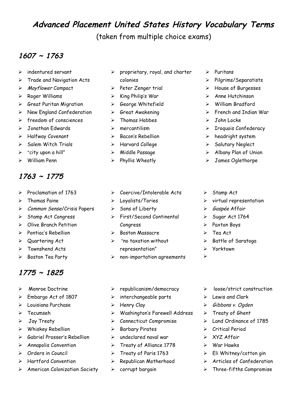 Advanced Placement United States History Vocabulary Terms