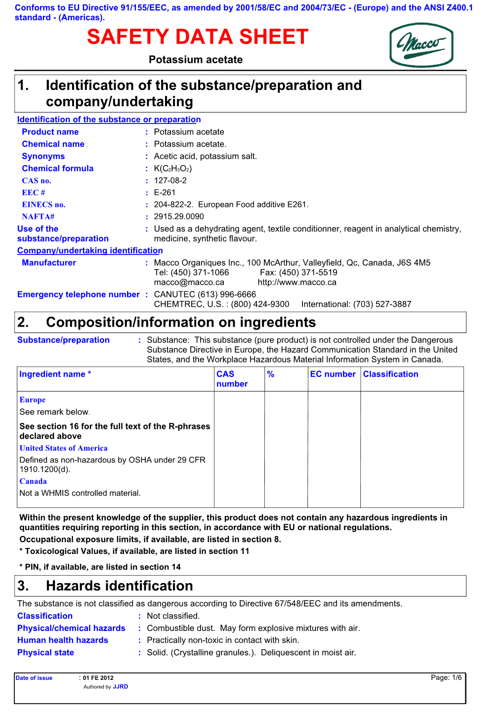 SAFETY DATA SHEET Potassium Acetate 1