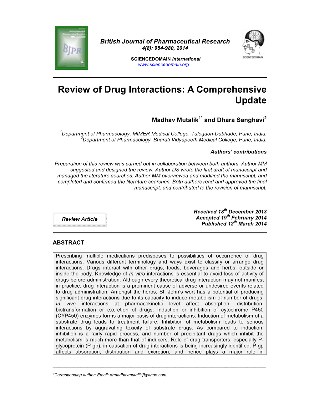 Review of Drug Interactions: a Comprehensive Update