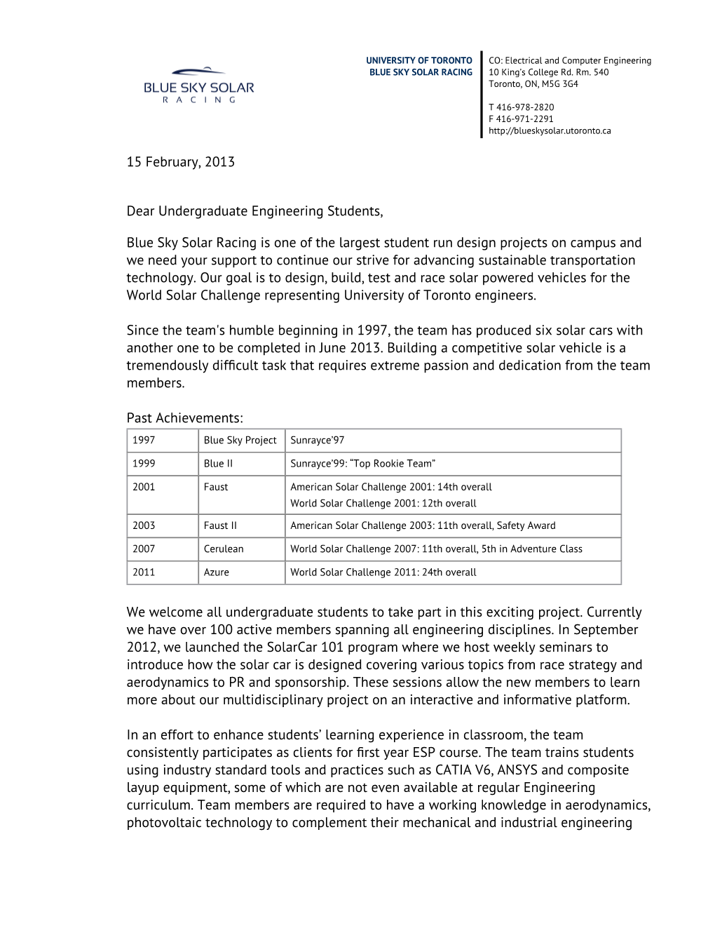 15 February, 2013 Dear Undergraduate Engineering