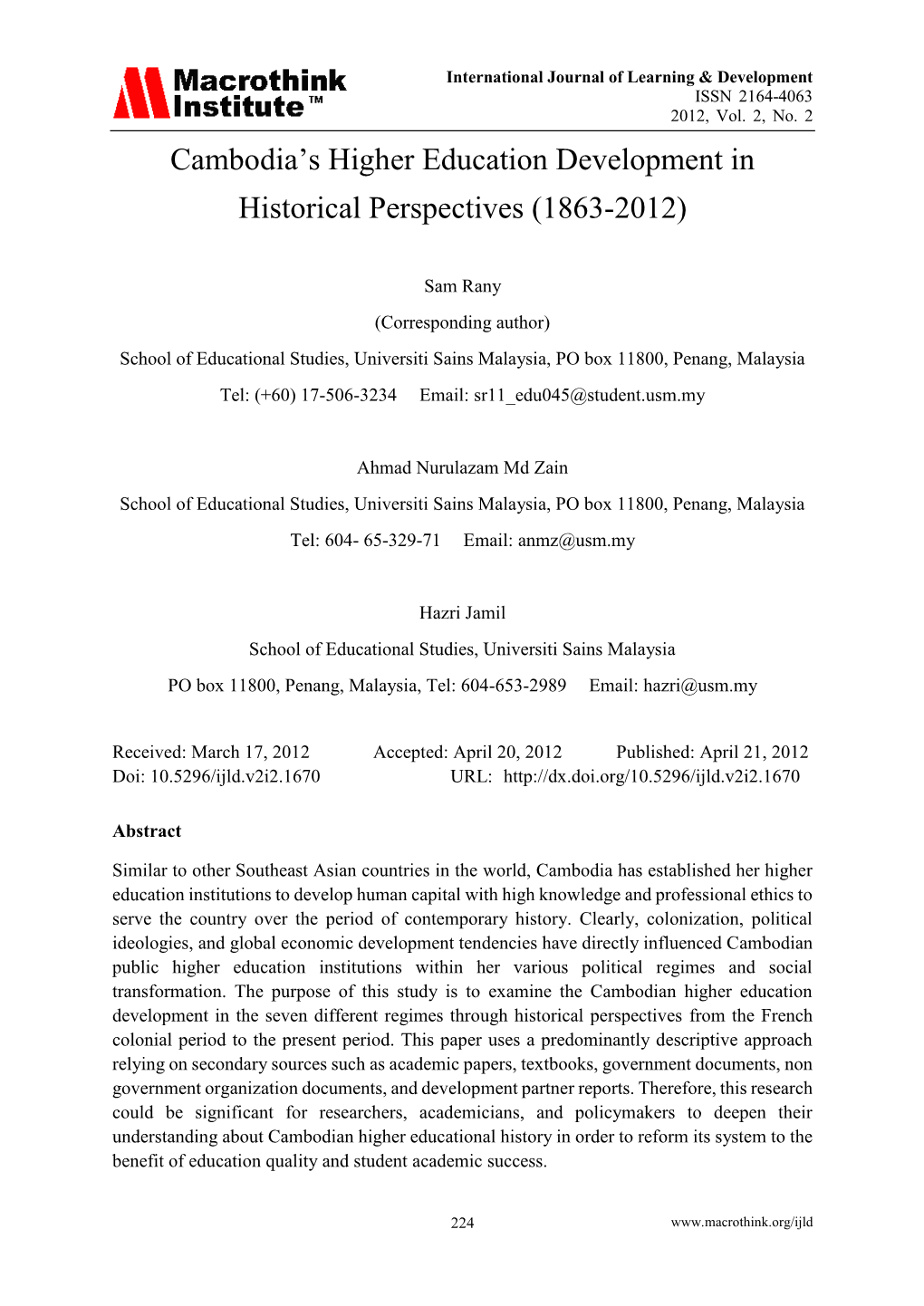 Cambodia's Higher Education Development in Historical Perspectives