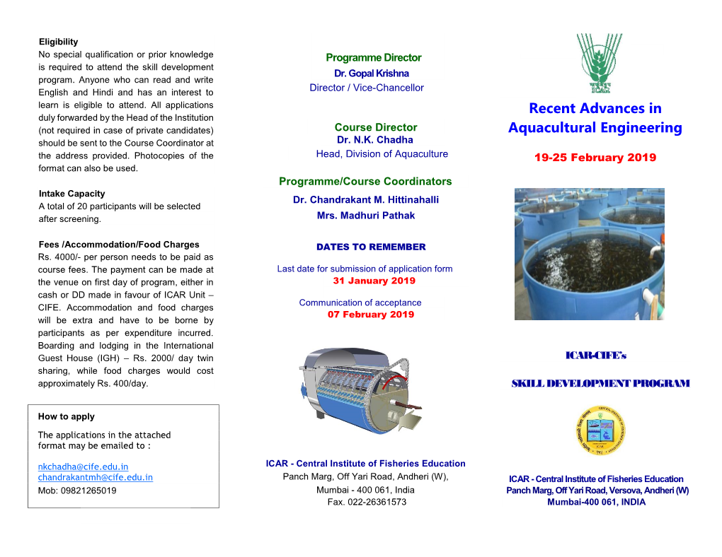Recent Advances in Aquacultural Engineering