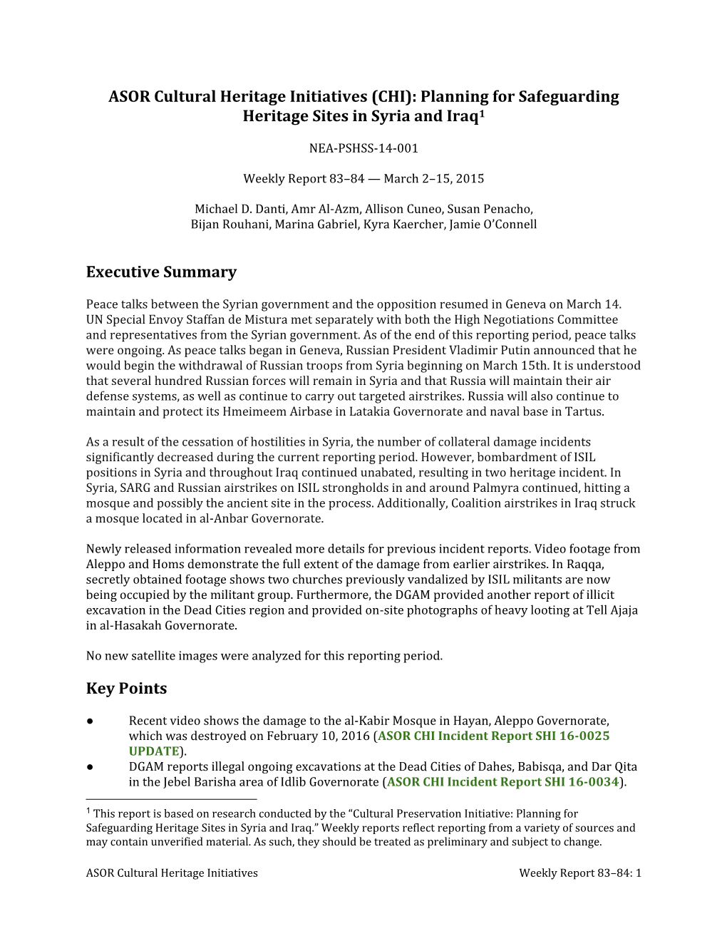 ASOR Cultural Heritage Initiatives (CHI): Planning for Safeguarding Heritage Sites in Syria and Iraq1