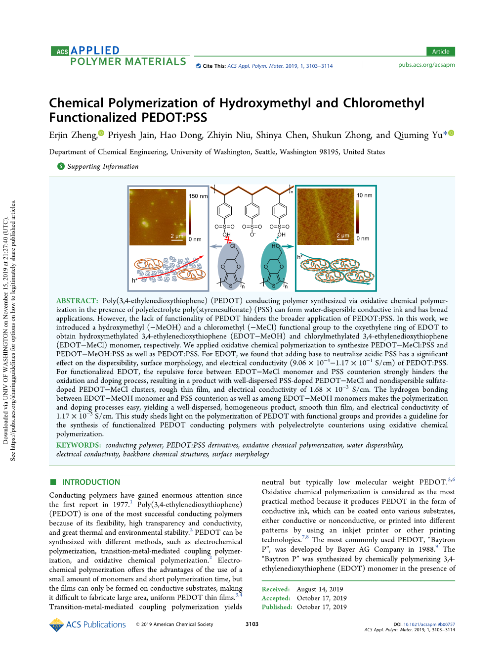 Chemical Polymerization of Hydroxymethyl and Chloromethyl Functionalized PEDOT:PSS