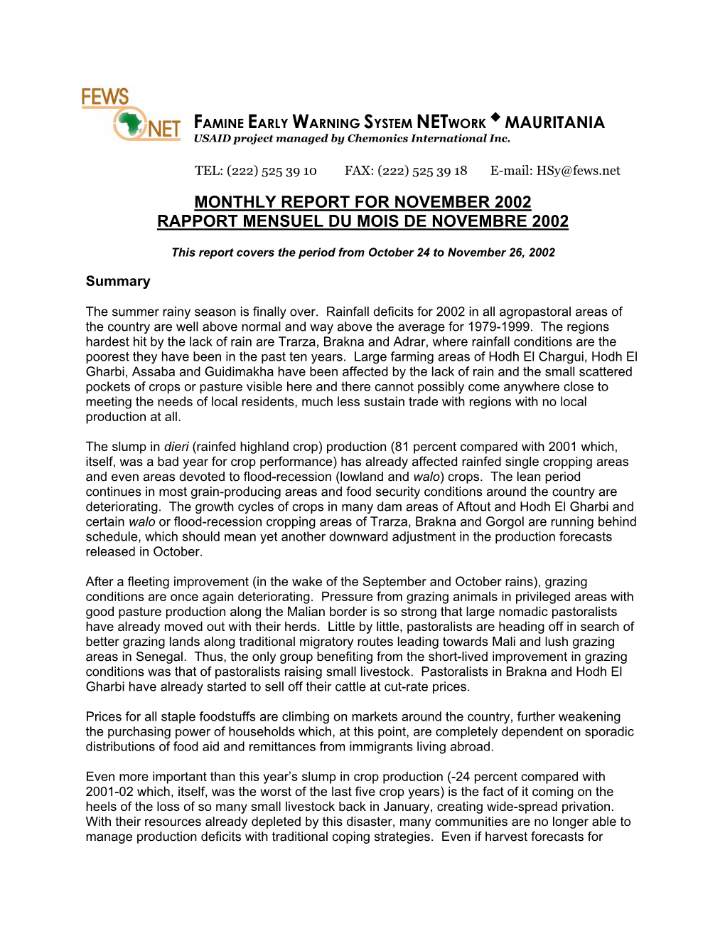 Mauritania Monthly Report for November 2002 Rapport