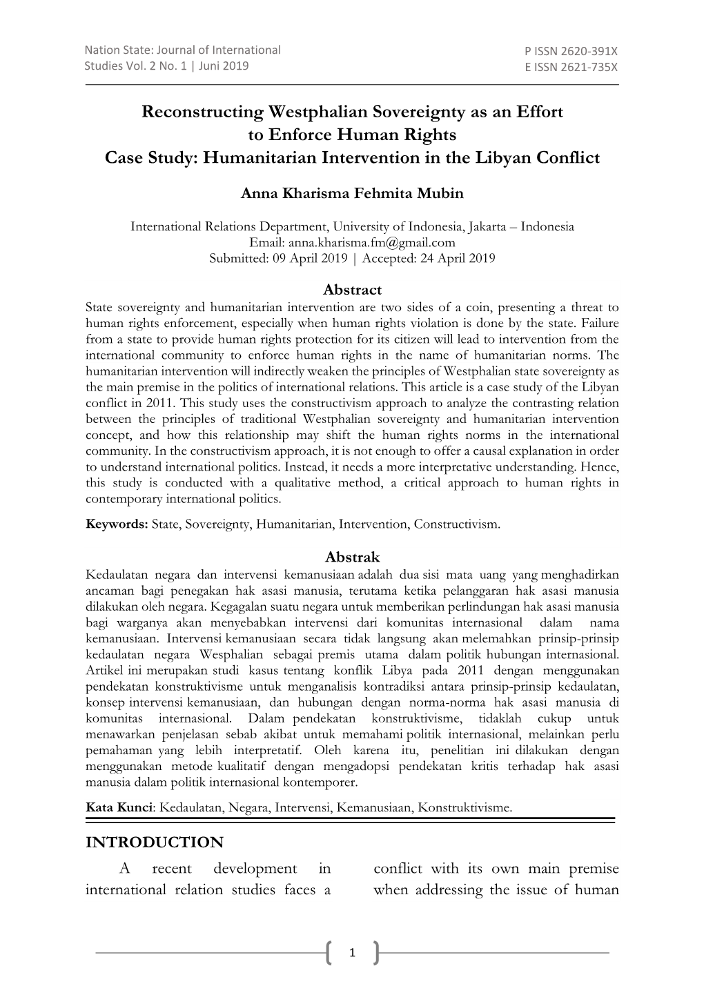 Reconstructing Westphalian Sovereignty As an Effort to Enforce Human Rights Case Study: Humanitarian Intervention in the Libyan Conflict