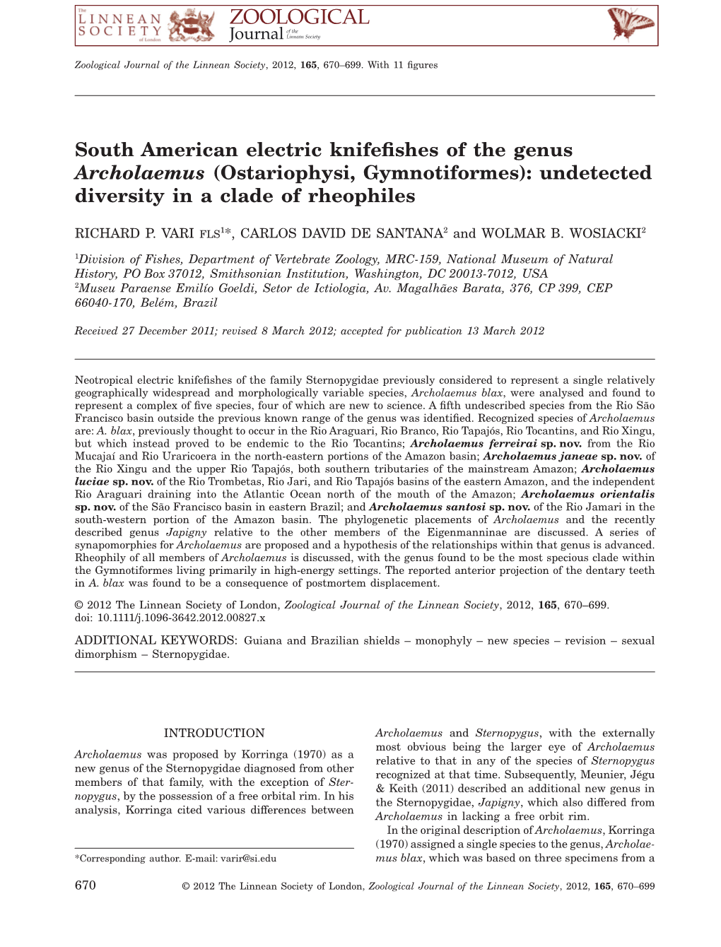 South American Electric Knifefishes of the Genus Archolaemus