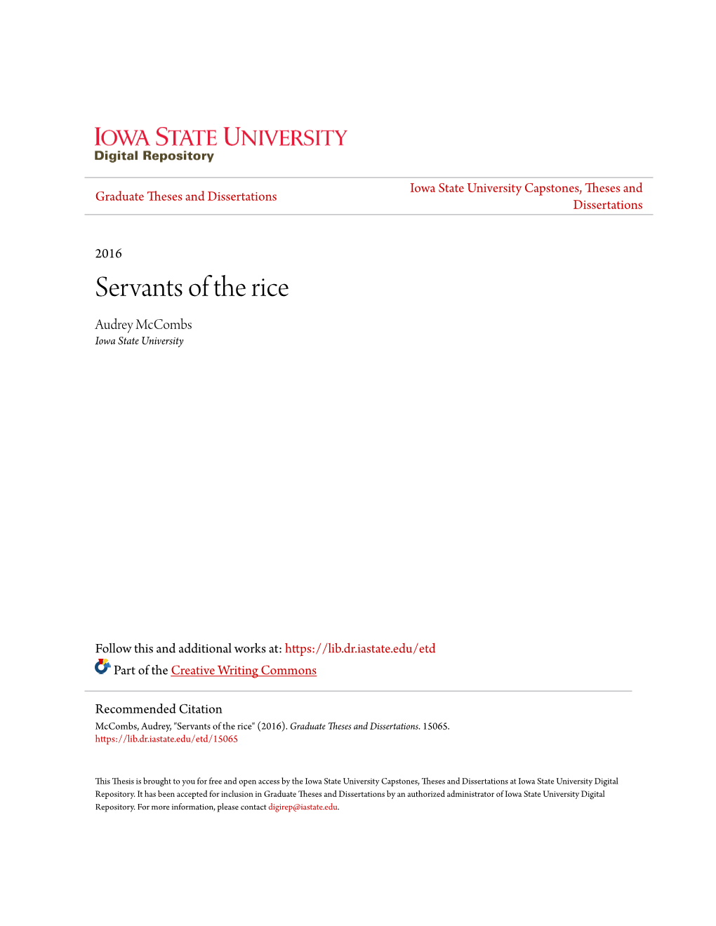 Servants of the Rice Audrey Mccombs Iowa State University