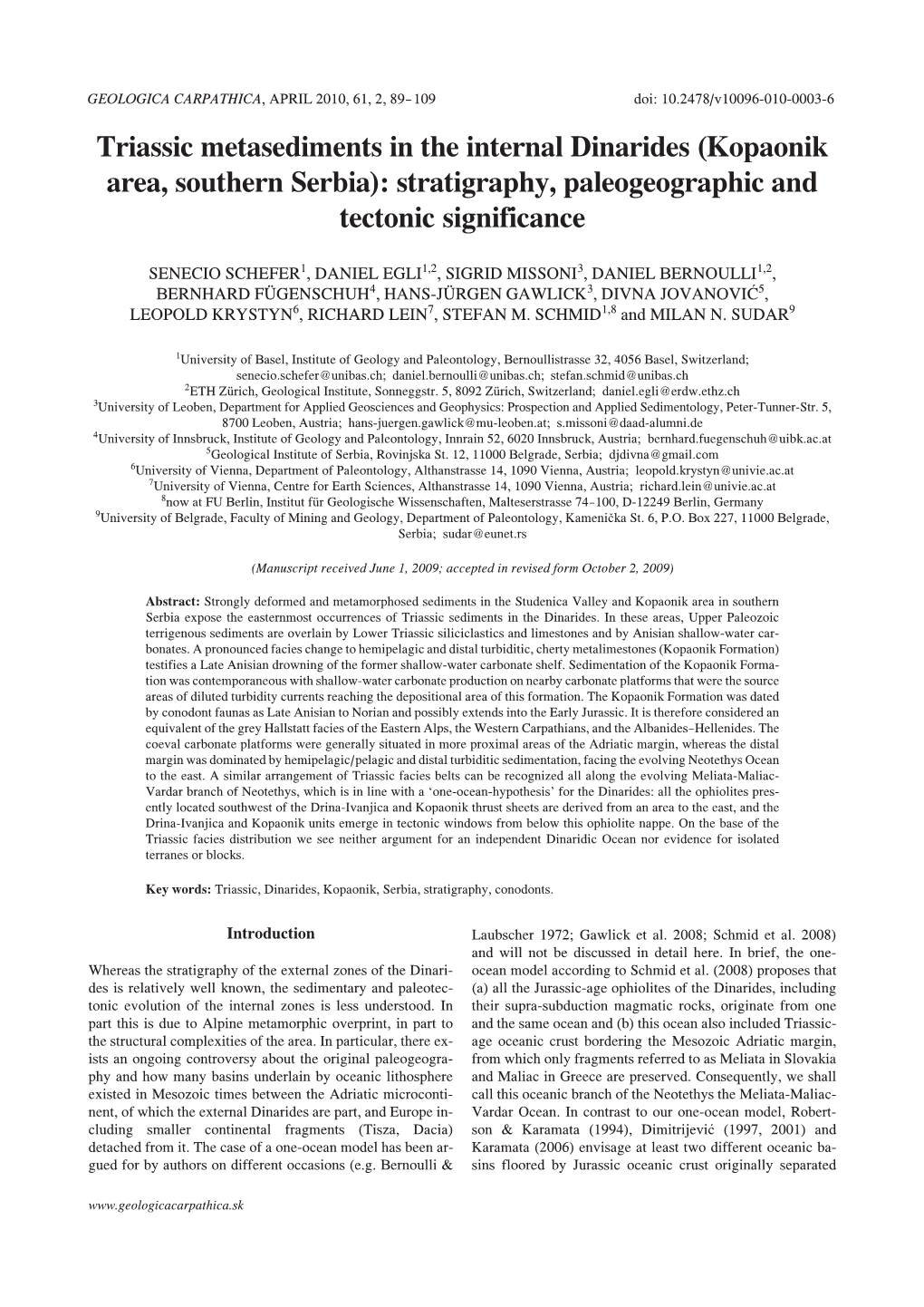 Triassic Metasediments in the Internal Dinarides (Kopaonik Area, Southern Serbia): Stratigraphy, Paleogeographic and Tectonic Significance