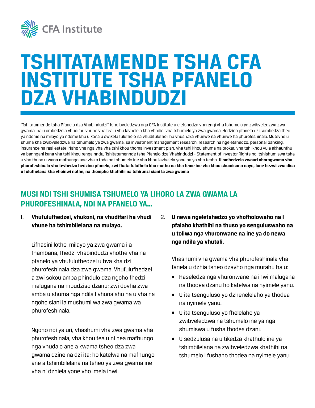 CFA South Africa Statement of Investor Rights 2018 Tshivenda.Pdf