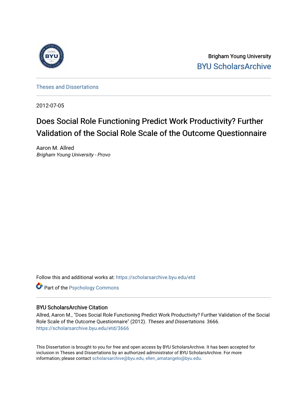 Does Social Role Functioning Predict Work Productivity? Further Validation of the Social Role Scale of the Outcome Questionnaire