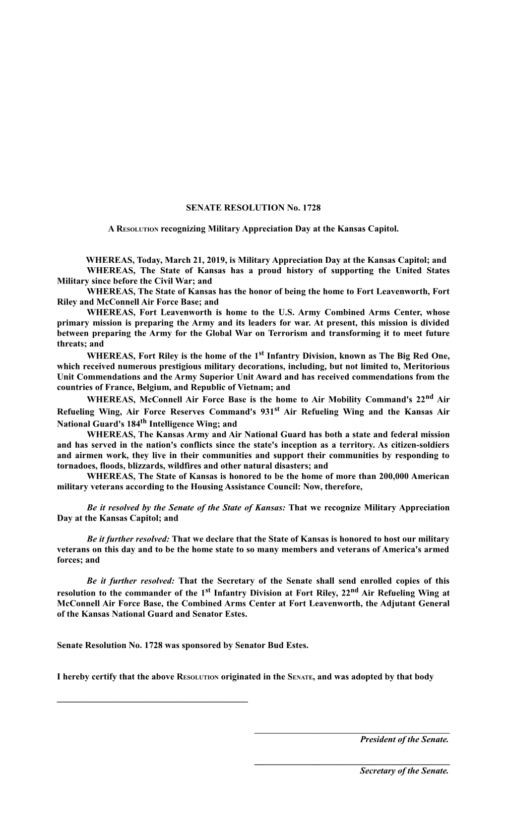 SENATE RESOLUTION No. 1728 a RESOLUTION Recognizing Military