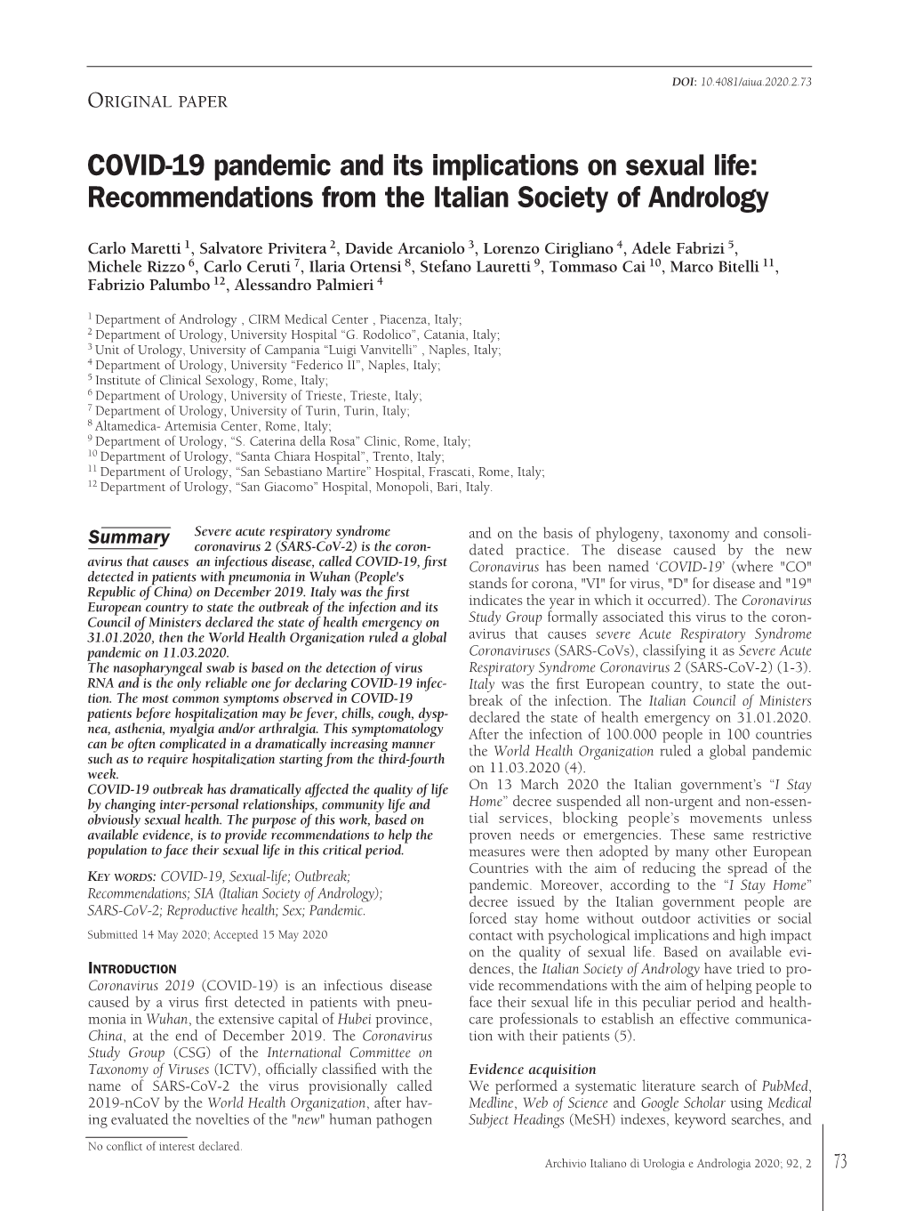 COVID-19 Pandemic and Its Implications on Sexual Life: Recommendations from the Italian Society of Andrology