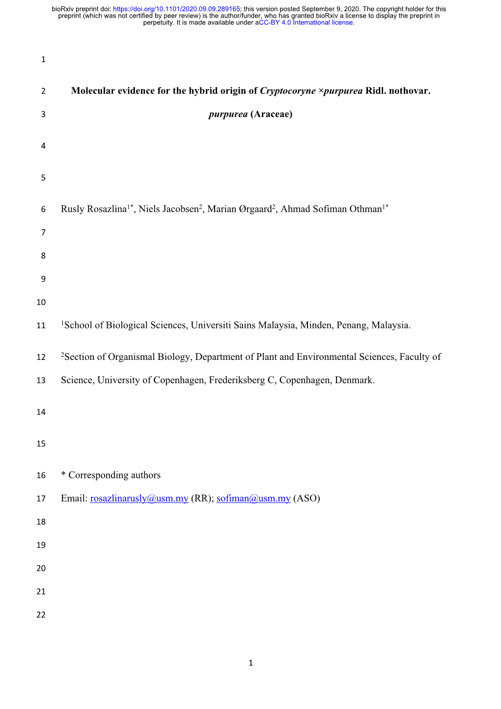 Molecular Evidence for the Hybrid Origin of Cryptocoryne ×Purpurea Ridl. Nothovar. Purpurea