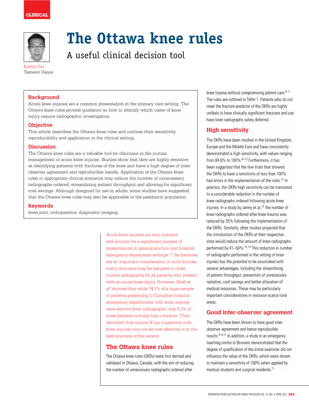 The Ottawa Knee Rules – a Useful Clinical Decision Tool
