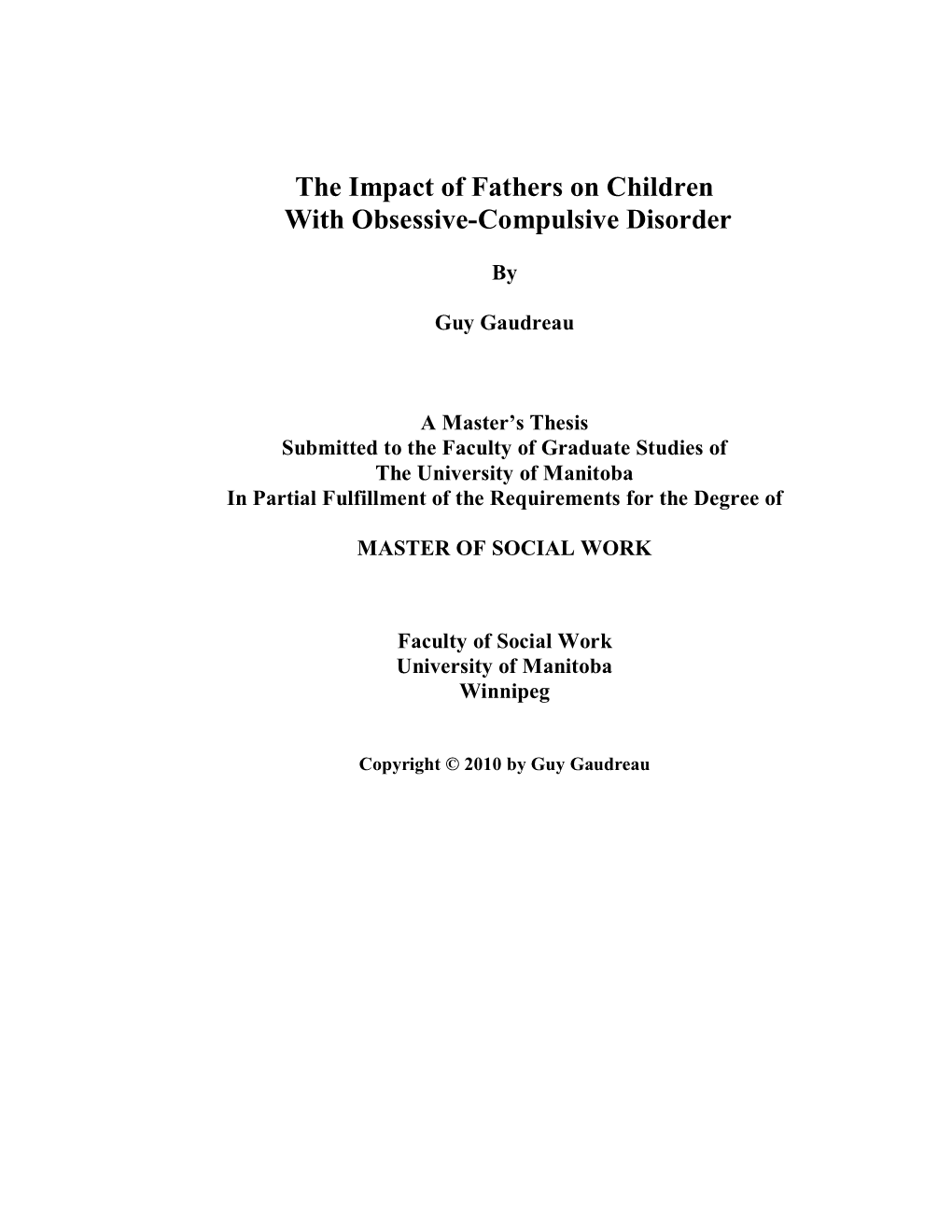The Impact of Fathers on Children with Obsessive-Compulsive Disorder