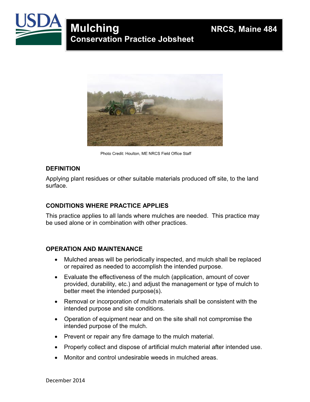 Maine Job Sheet for Wild Blueberry Conservation Practices Mulching Code 484