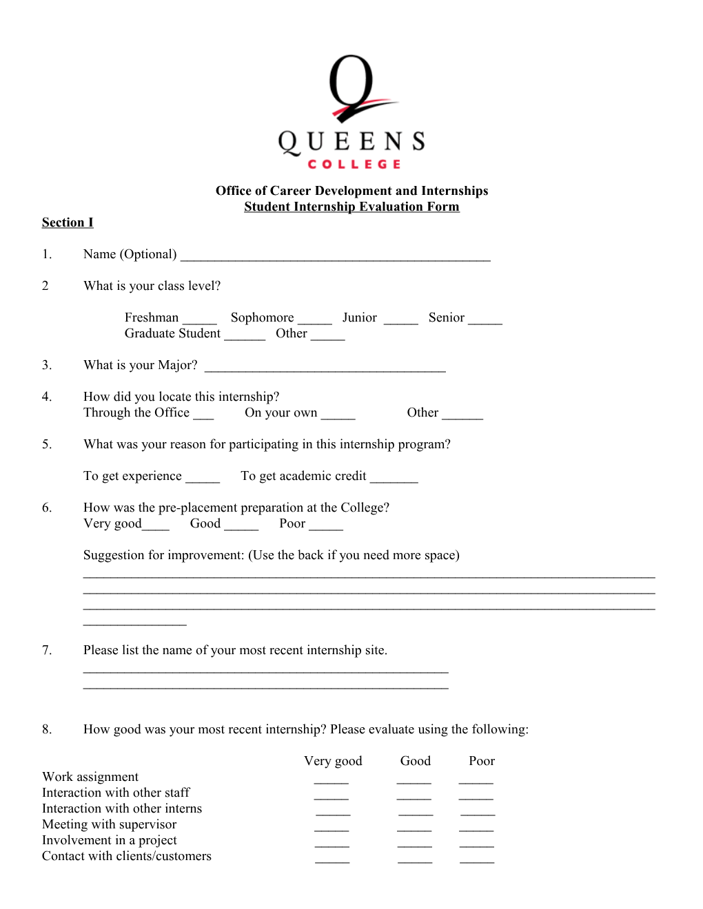 Student Evaluation Form