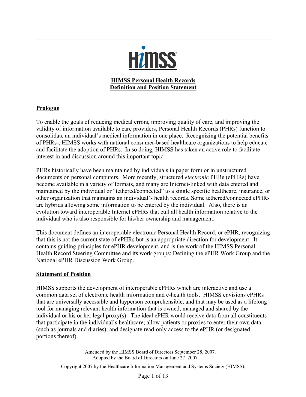 HIMSS Personal Health Records Definition and Position Statement