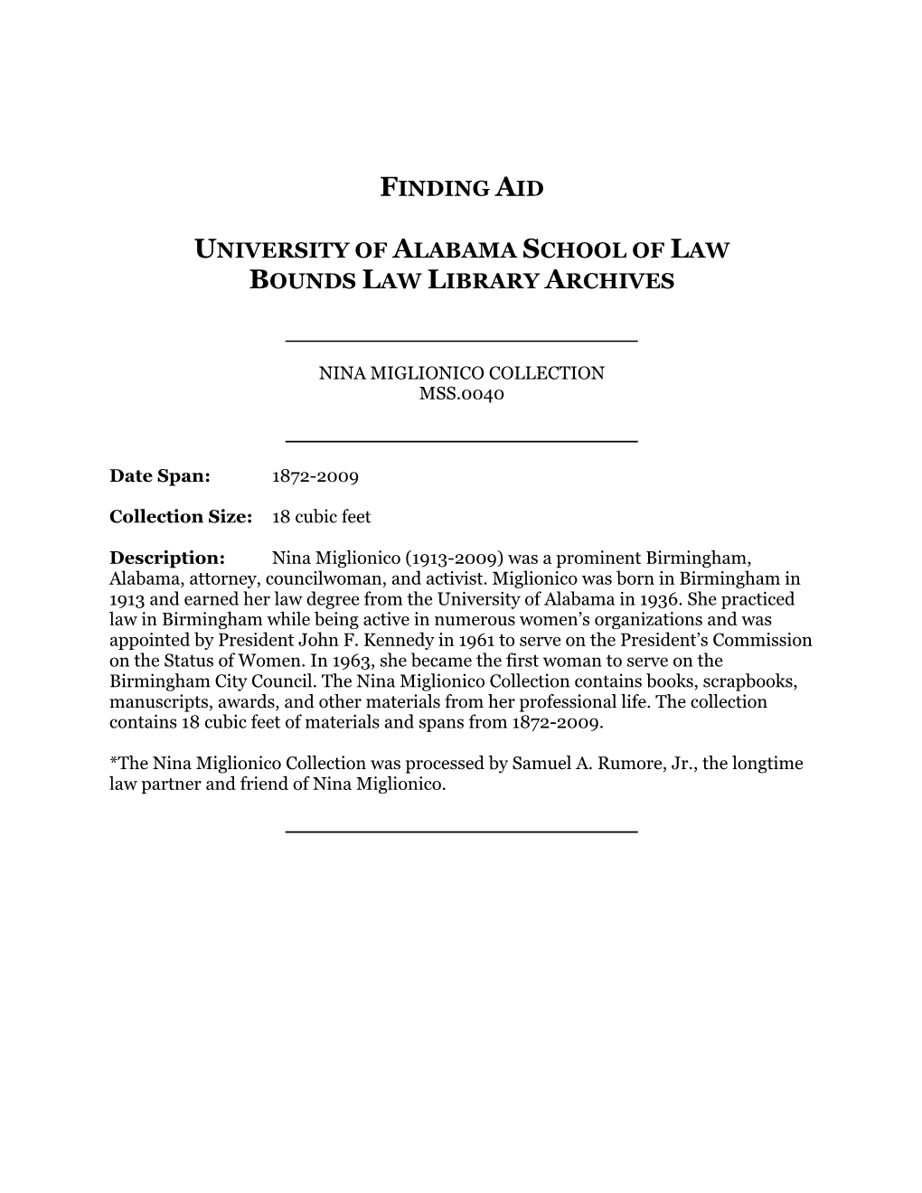 Finding Aid University of Alabama School of Law Bounds Law Library Archives