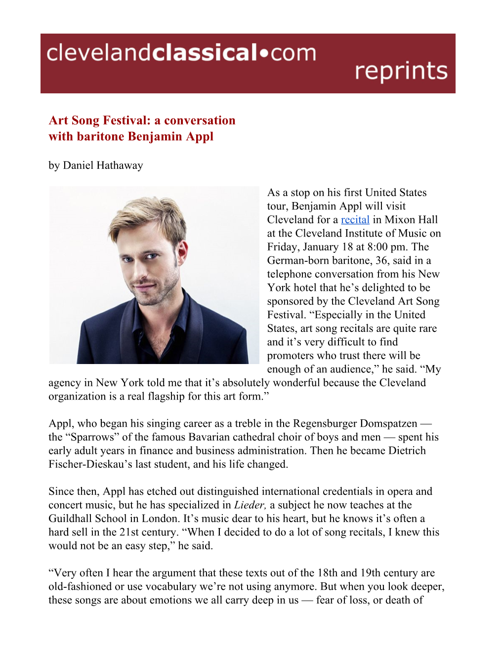 Art Song Festival: a Conversation with Baritone Benjamin Appl by Daniel Hathaway