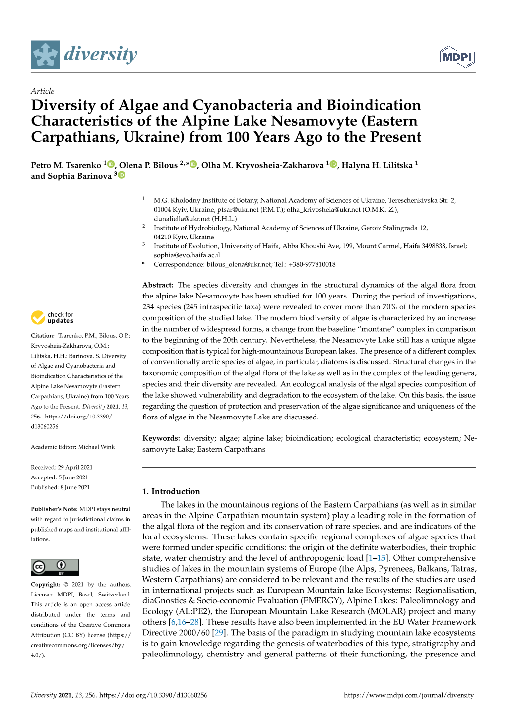 Diversity of Algae and Cyanobacteria and Bioindication Characteristics of the Alpine Lake Nesamovyte (Eastern Carpathians, Ukraine) from 100 Years Ago to the Present