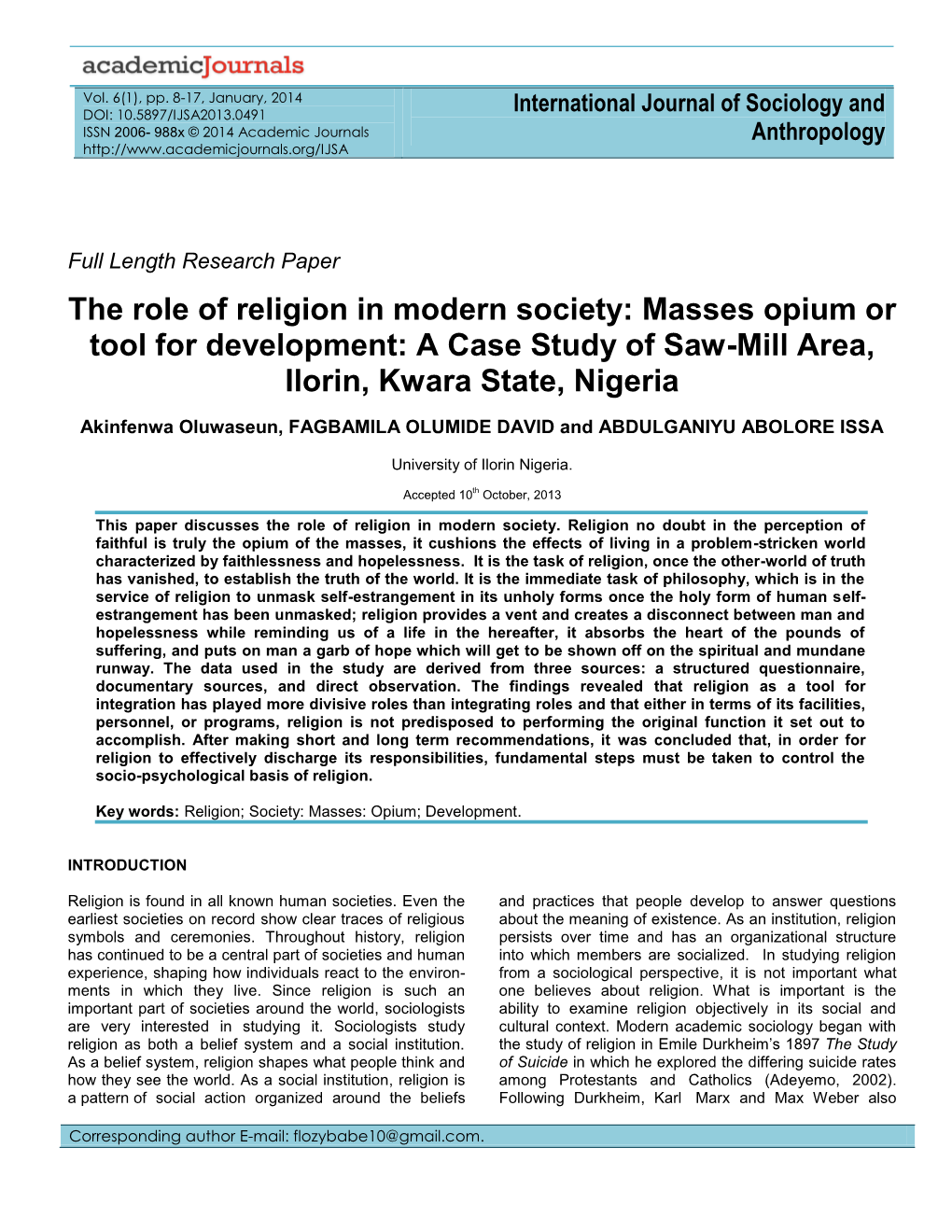 A Place of Religion in Modern Society , Masses Opium Or