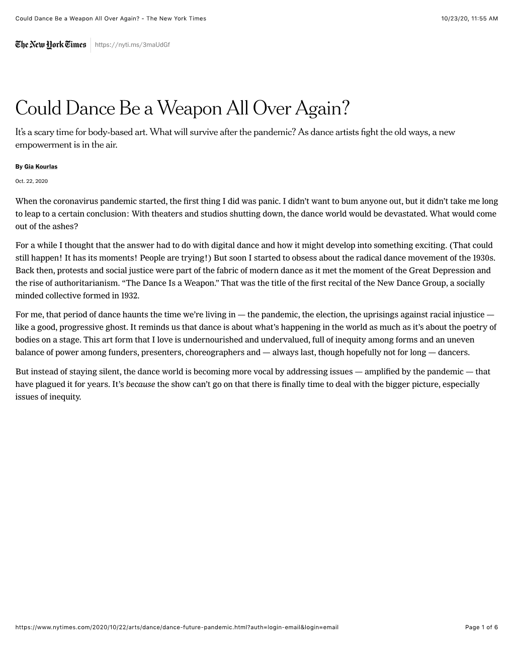 Could Dance Be a Weapon All Over Again? - the New York Times 10/23/20, 11�55 AM