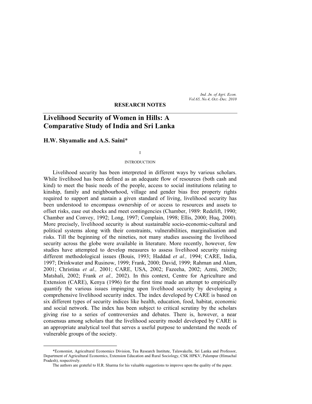 Livelihood Security of Women in Hills: a Comparative Study of India and Sri Lanka
