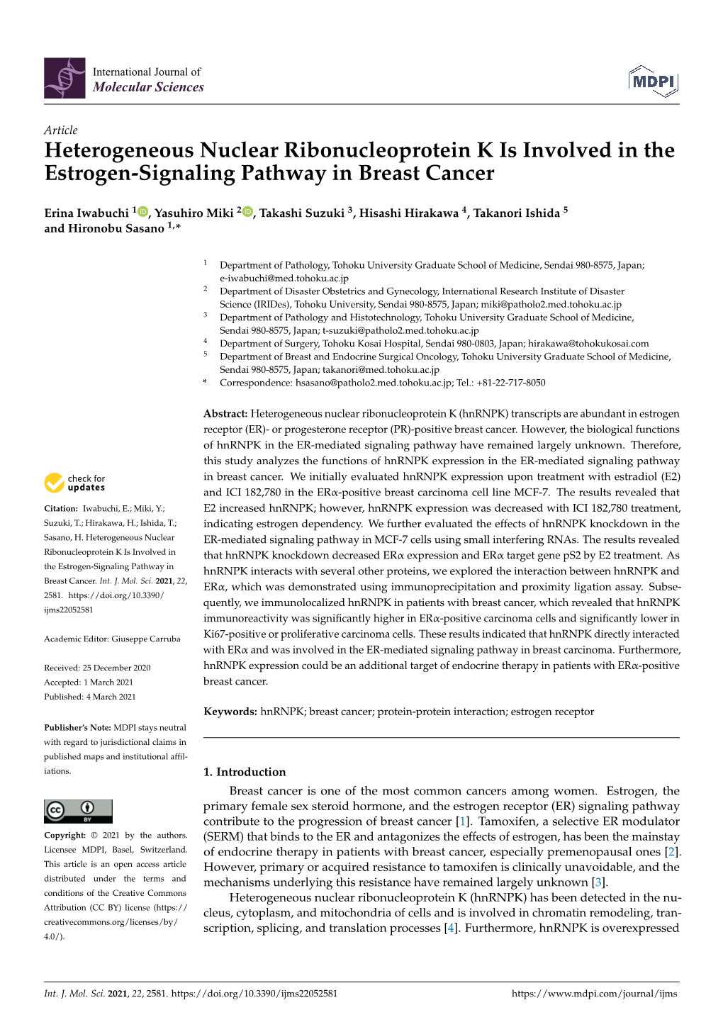 Heterogeneous Nuclear Ribonucleoprotein K Is Involved in the Estrogen-Signaling Pathway in Breast Cancer