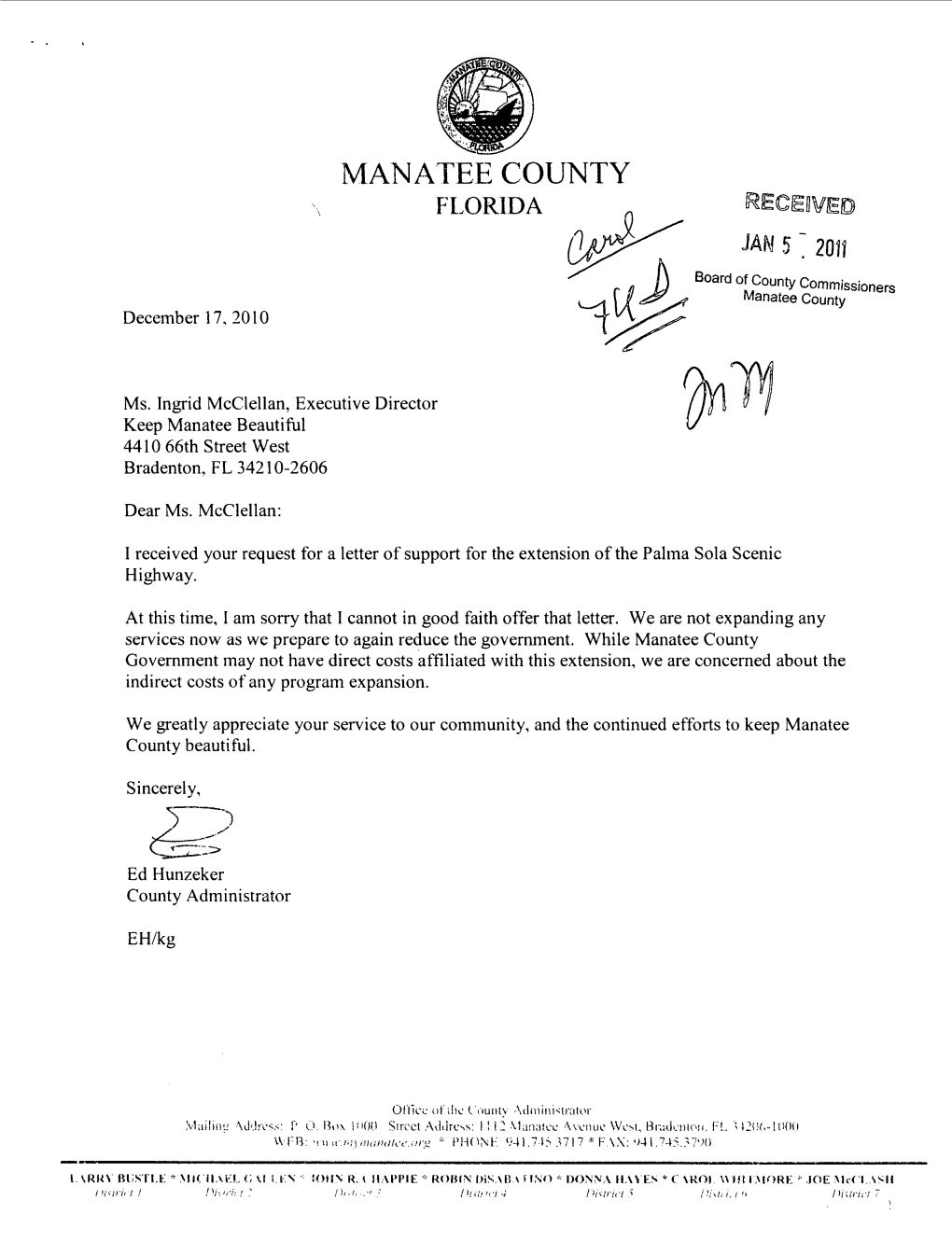 MANATEE COUNTY FLORIDA ~Ecfe~VED ~ JAN5~2011 F P 1\ Board of County Commissioners ~ Manatee County December 17, 20 L 0