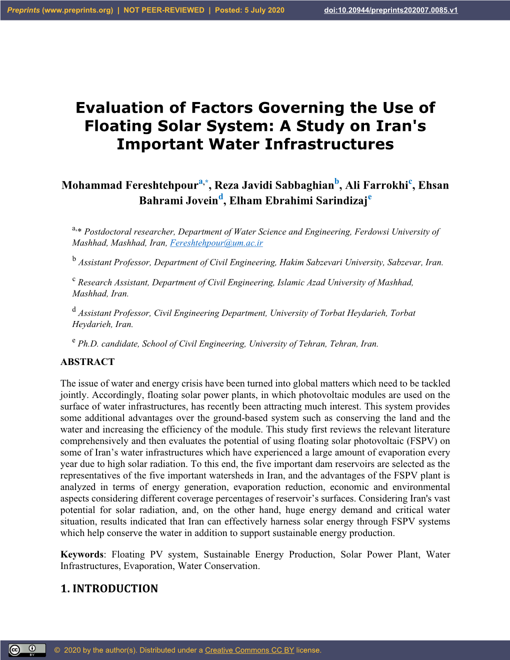 Evaluation of Factors Governing the Use of Floating Solar System: a Study on Iran's Important Water Infrastructures