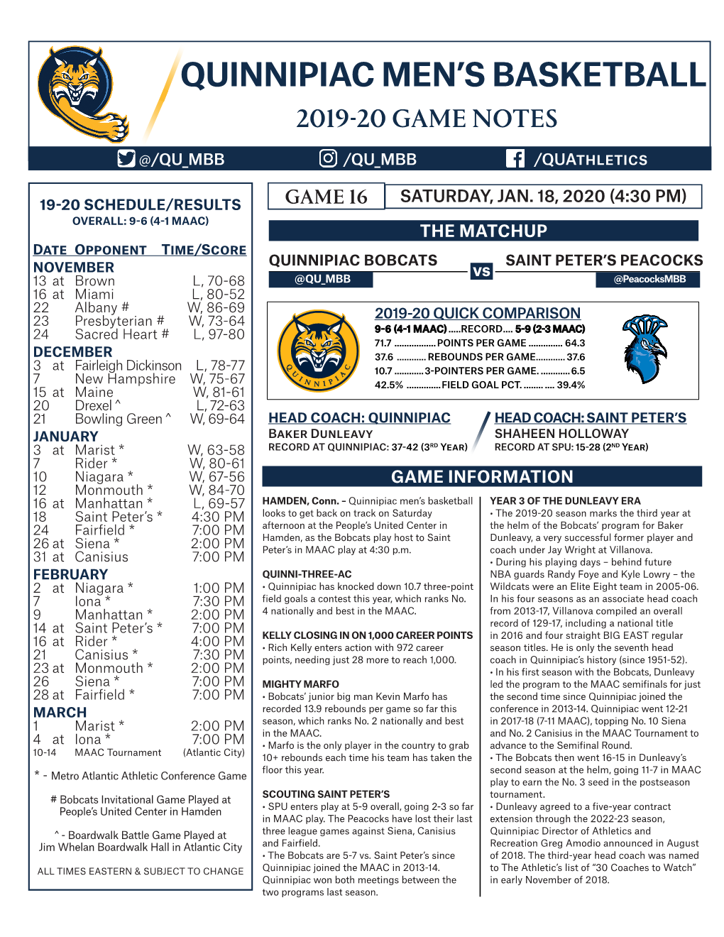 Quinnipiac Men's Basketball Page 1/1 Combined Team Statistics As of Jan 17, 2020 All Games