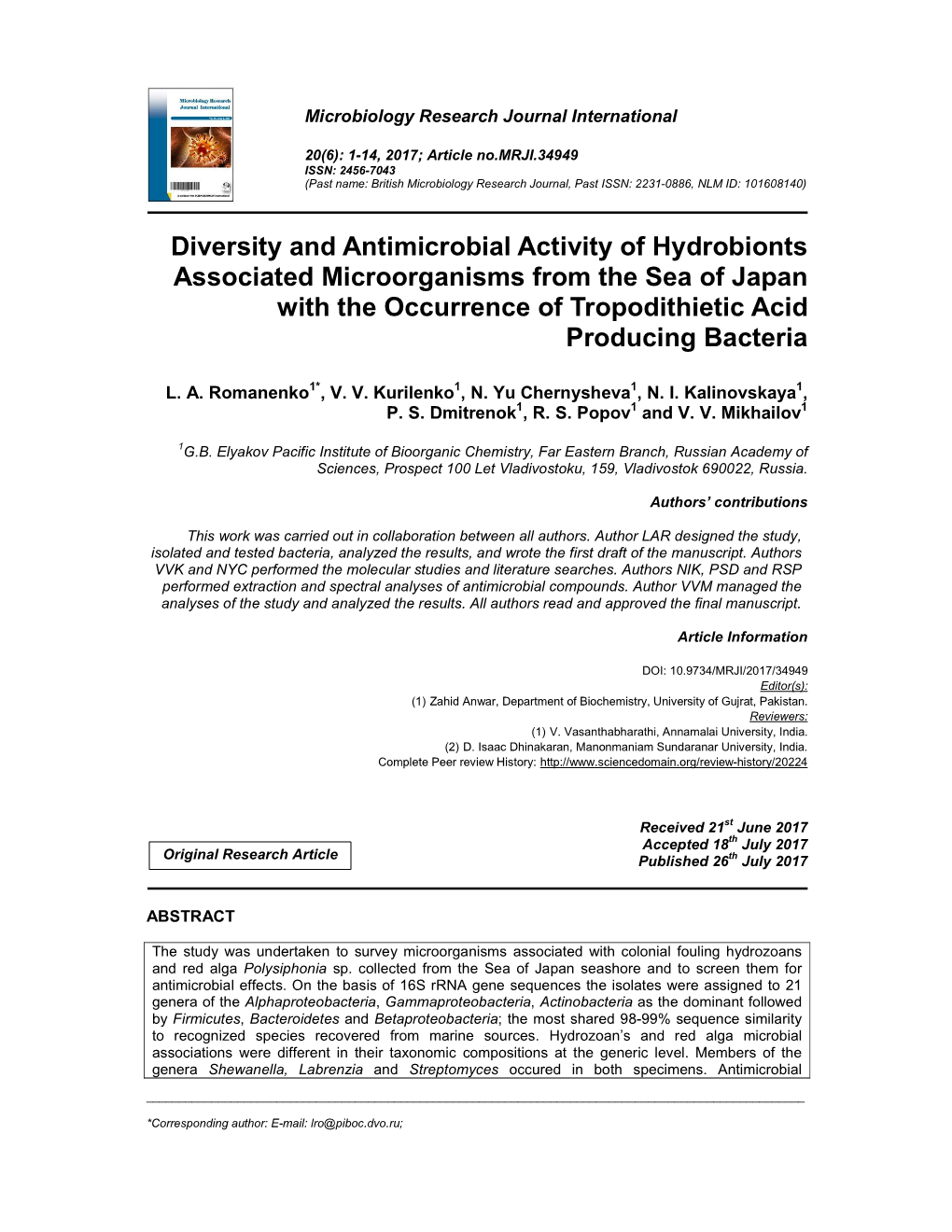 Diversity and Antimicrobial Activity of Hydrobionts Associated Microorganisms from the Sea of Japan with the Occurrence of Tropodithietic Acid Producing Bacteria