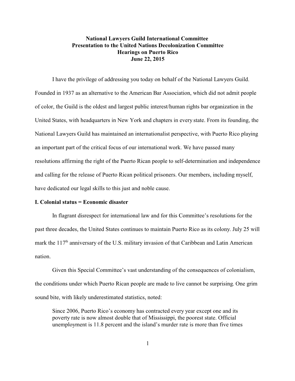 National Lawyers Guild International Committee Presentation to the United Nations Decolonization Committee Hearings on Puerto Rico June 22, 2015