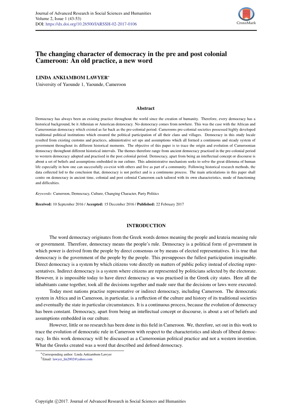 The Changing Character of Democracy in the Pre and Post Colonial Cameroon: an Old Practice, a New Word