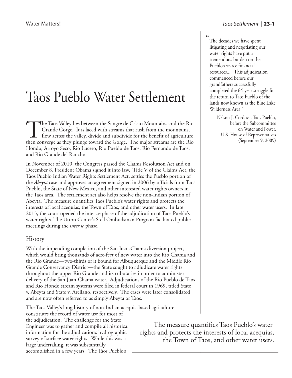 Taos Pueblo Water Rights Settlement