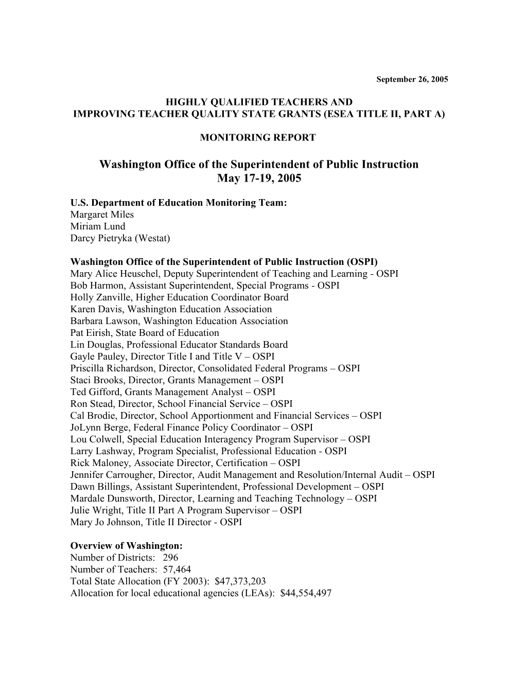 2005 Washington Monitoring Report: Highly Qualified Teachers and ESEA Title II, Part a (MS Word)